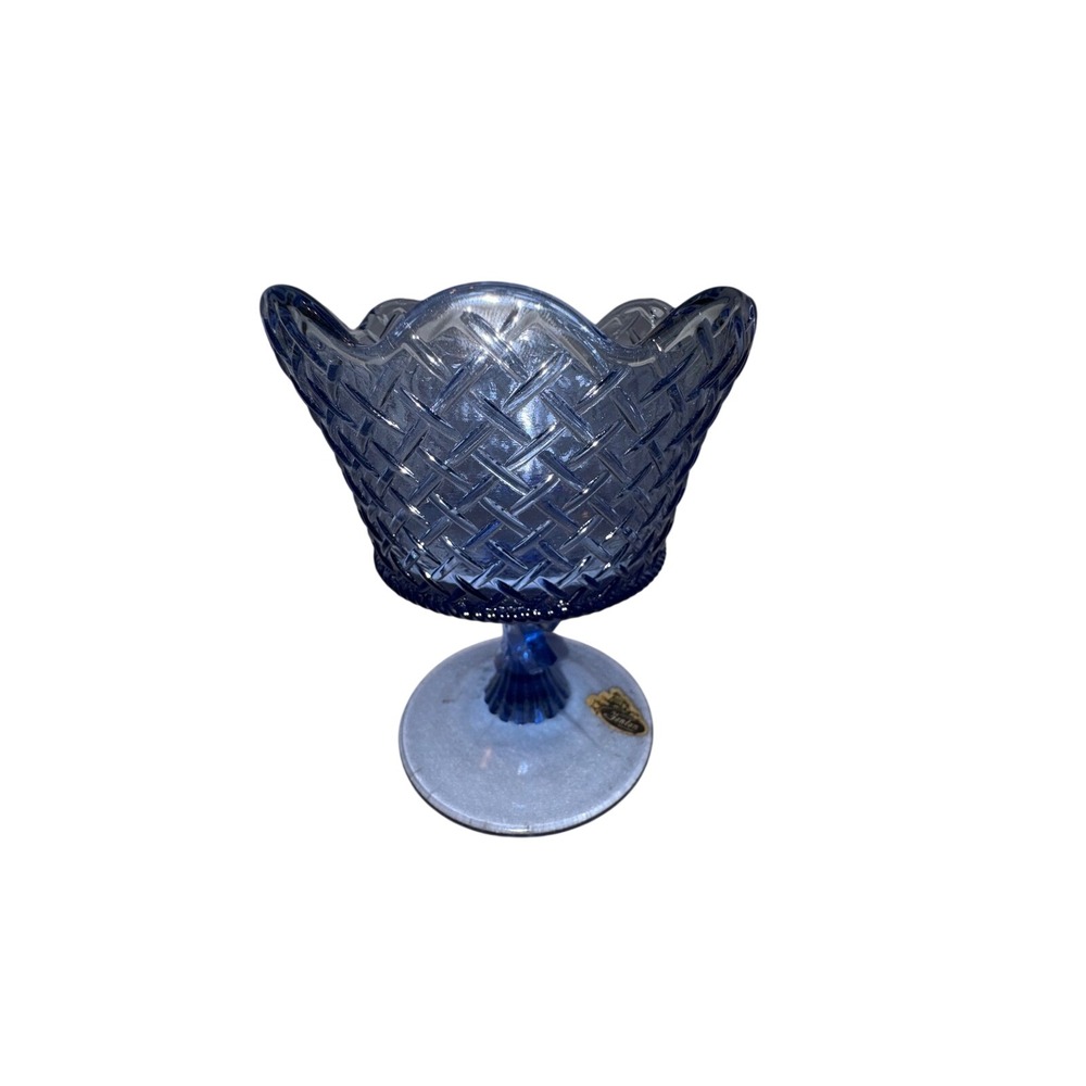 Fenton‎ Blue Basketweave Glass Compote Pedestal Vintage Candy Dish with Bow 7"